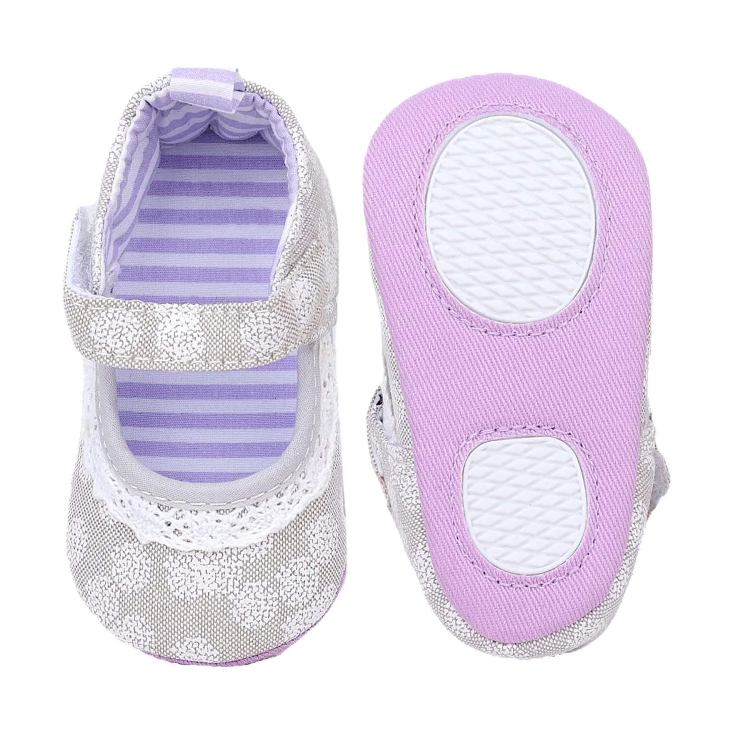 Baby Moo Textured Velcro Strap Anti-Skid Ballerina Booties - Grey