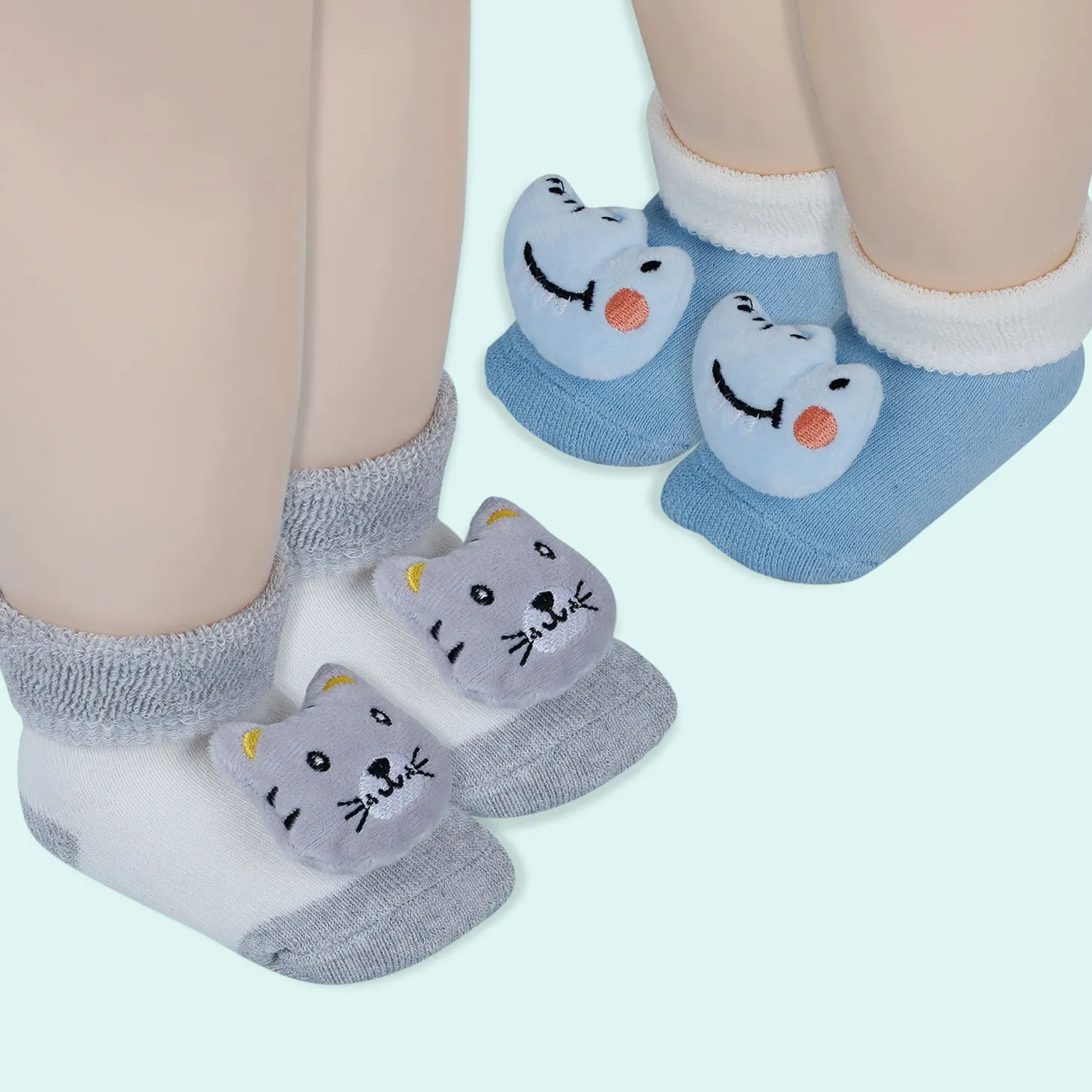 Baby Moo Tiger And Alligator 3D Rattle Anti-Skid Socks Booties Pack of 2 - Grey, Blue