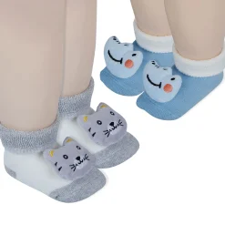 Baby Moo Tiger And Alligator 3D Rattle Anti-Skid Socks Booties Pack of 2 - Grey, Blue