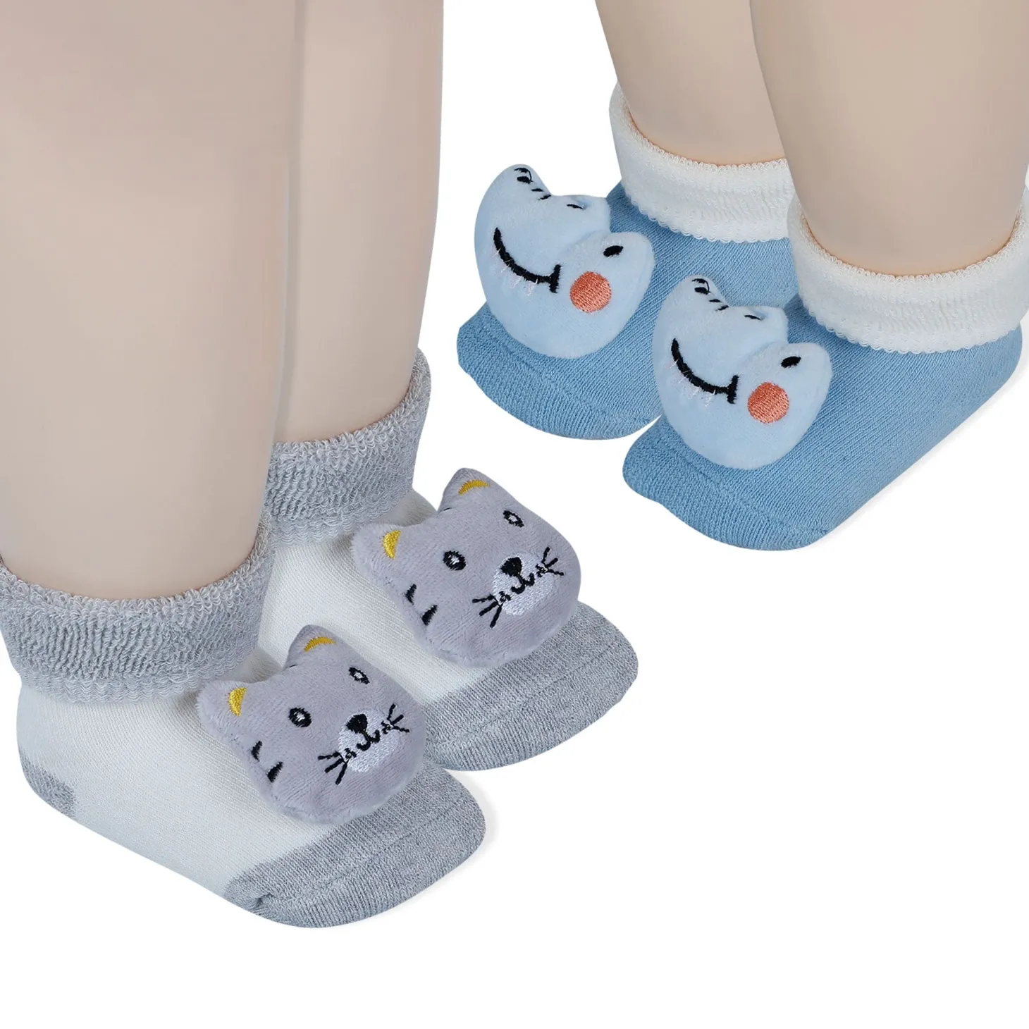 Baby Moo Tiger And Alligator 3D Rattle Anti-Skid Socks Booties Pack of 2 - Grey, Blue