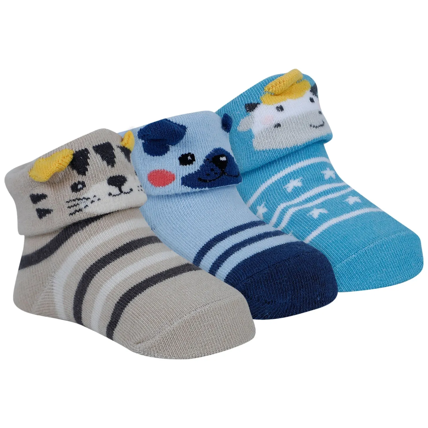 Baby Moo Tiger Puppy 3D Rattle Anti-Skid Socks Booties Pack of 3 - Blue, Beige