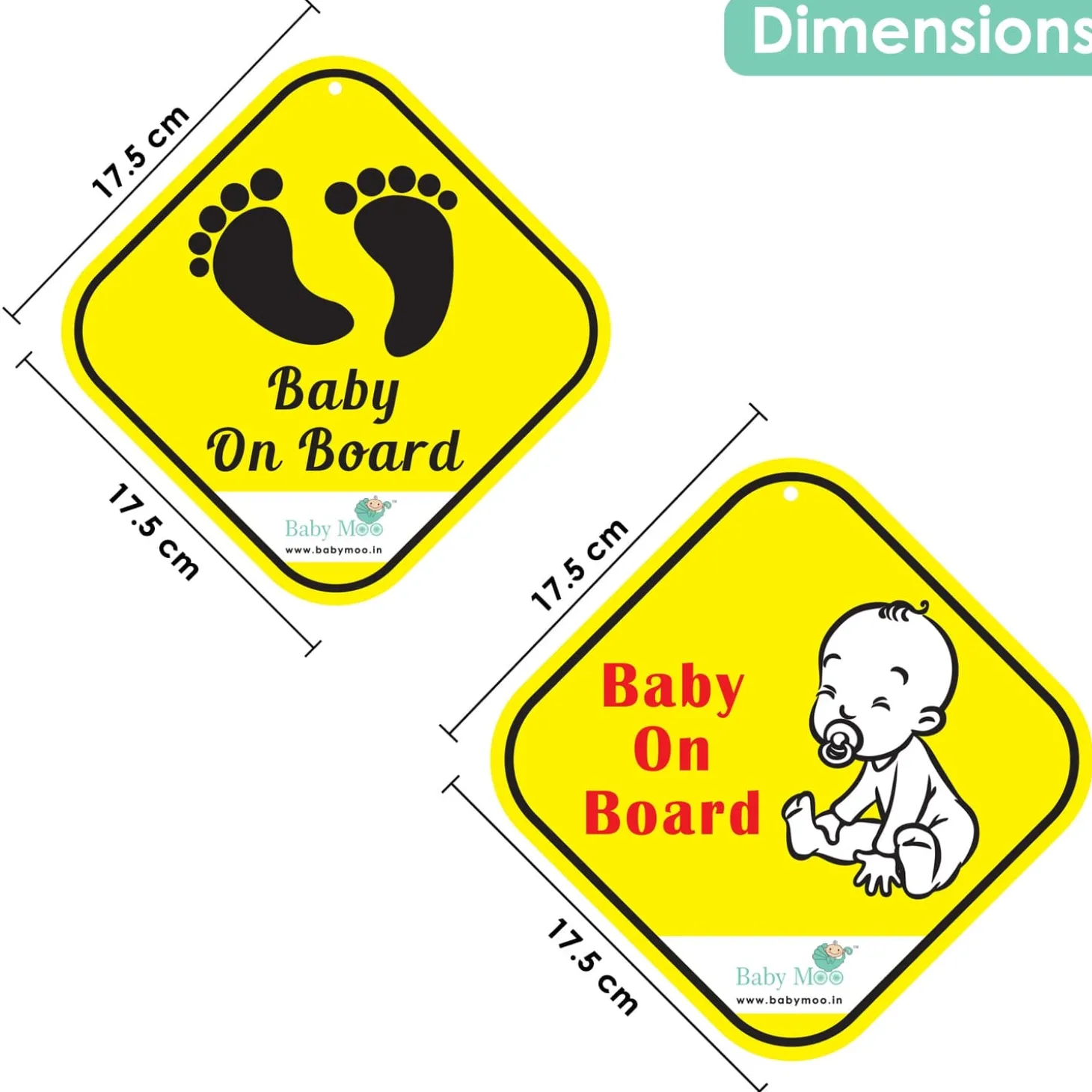 Baby Moo Tiny Baby On Board Car Safety Sign With Suction Cup Clip 2 Pack - Yellow