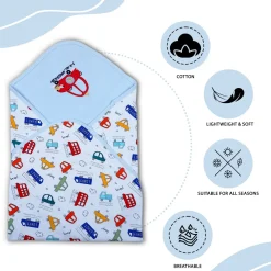 Baby Moo Traffic Jam Car Embroidery Soft Reversible Wrapper - Blue