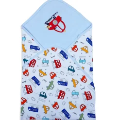 Baby Moo Traffic Jam Car Embroidery Soft Reversible Wrapper - Blue