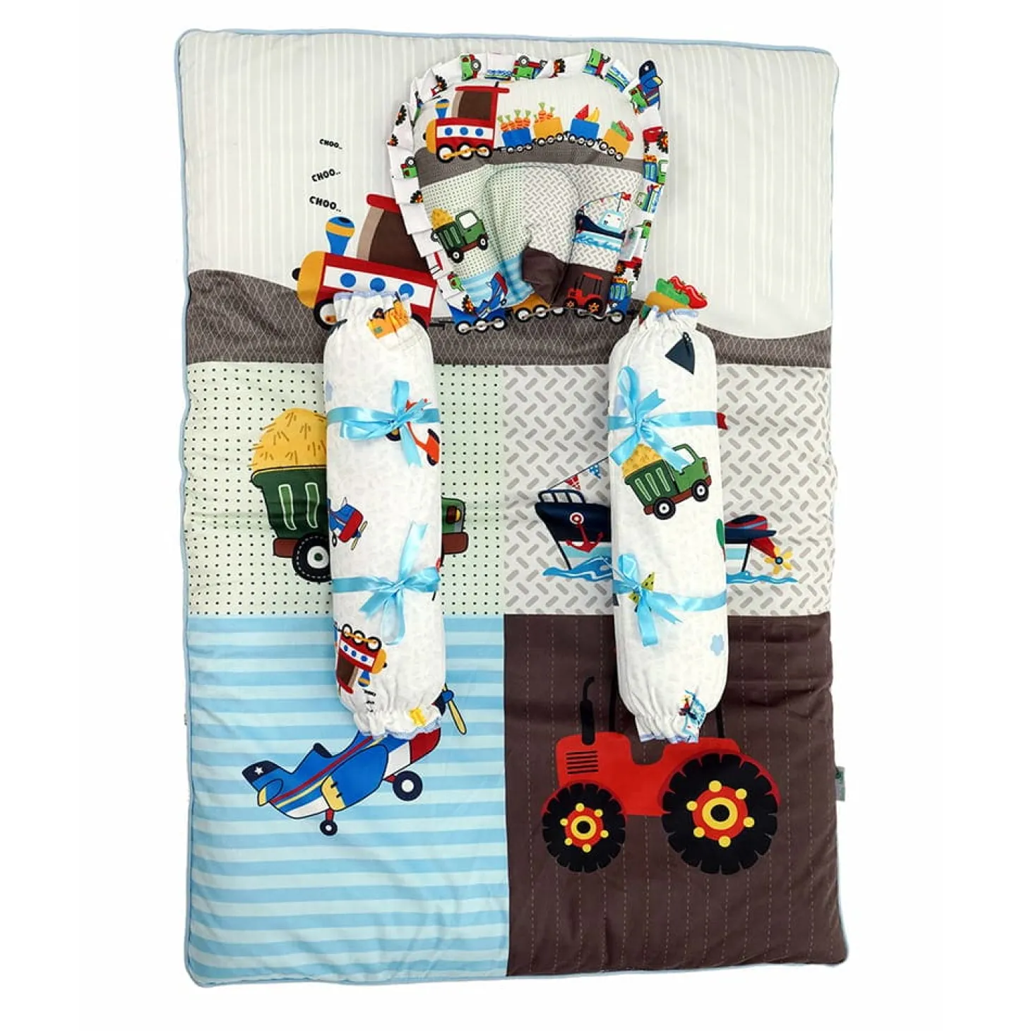 Baby Moo Truck And Car Soft Velvet U Pillow, 2 Side Bolsters Mattress Set - Multicolour