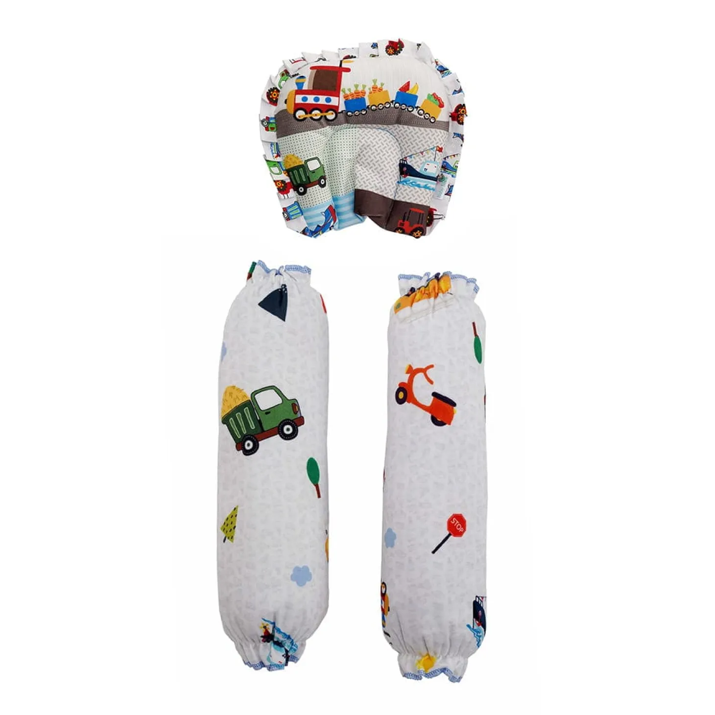 Baby Moo Truck And Car Soft Velvet U Pillow, 2 Side Bolsters Mattress Set - Multicolour