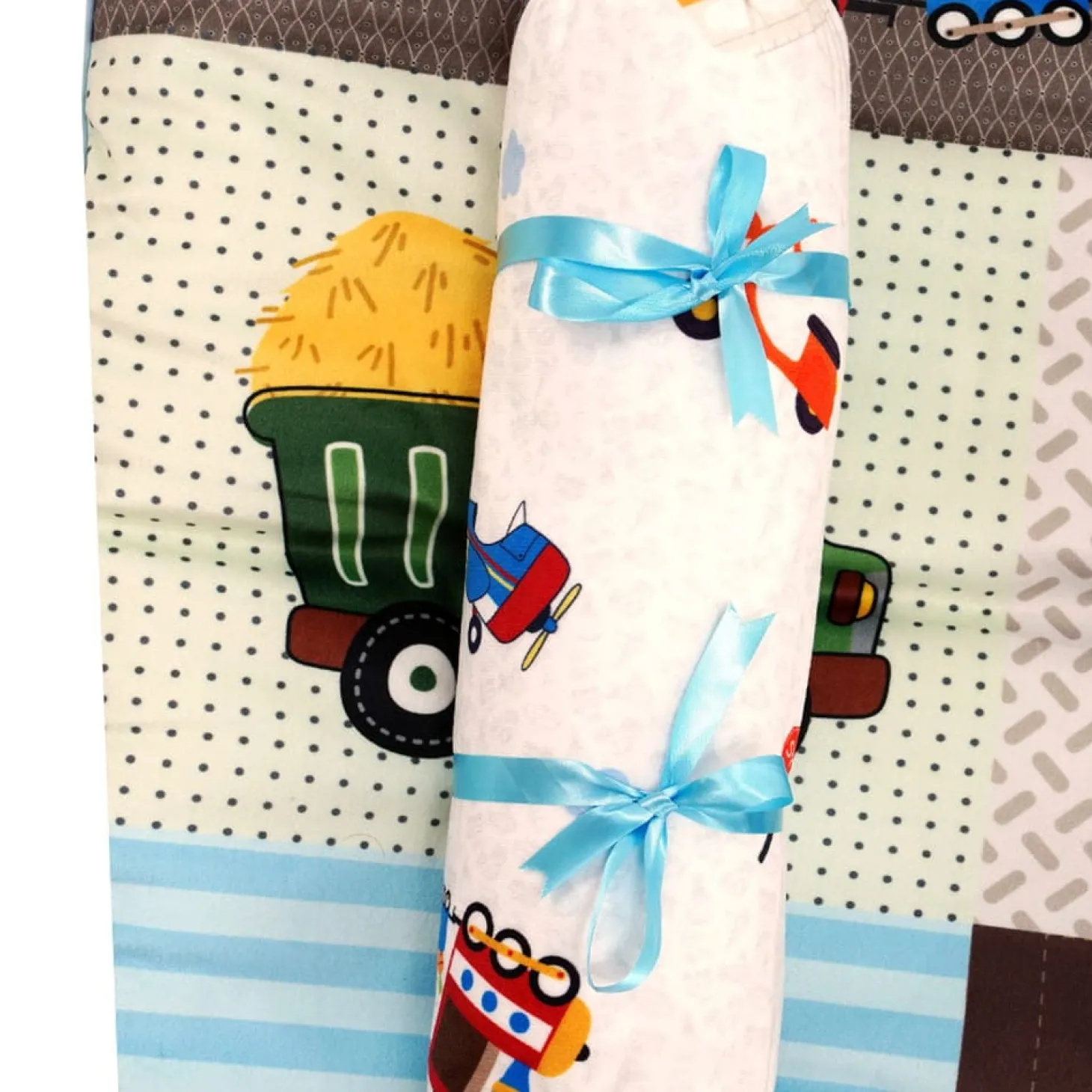 Baby Moo Truck And Car Soft Velvet U Pillow, 2 Side Bolsters Mattress Set - Multicolour