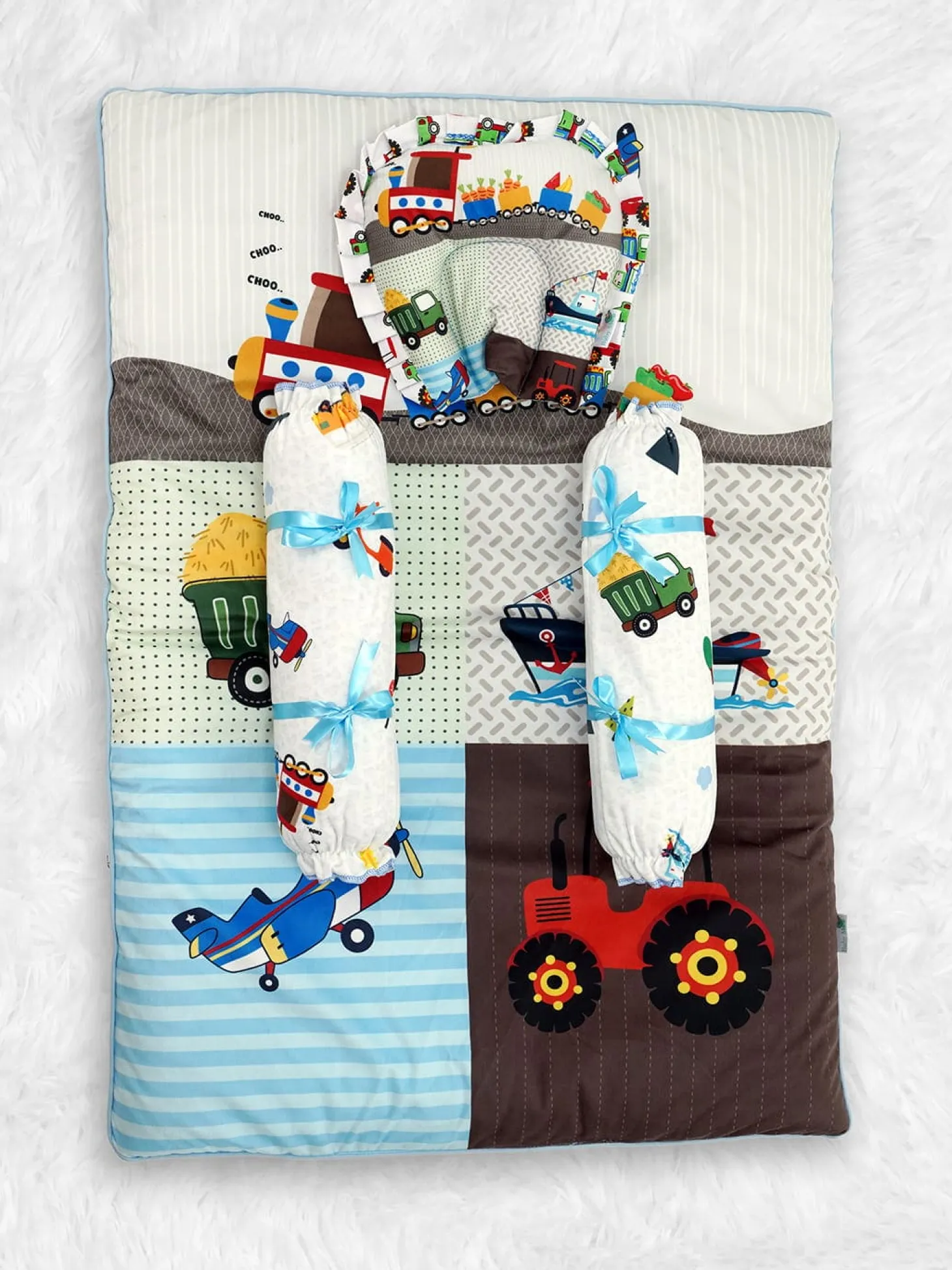 Baby Moo Truck And Car Soft Velvet U Pillow, 2 Side Bolsters Mattress Set - Multicolour