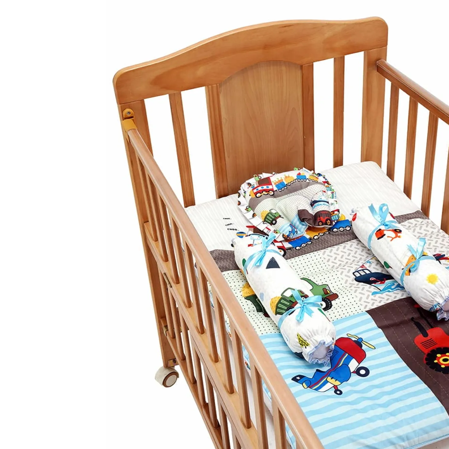 Baby Moo Truck And Car Soft Velvet U Pillow, 2 Side Bolsters Mattress Set - Multicolour