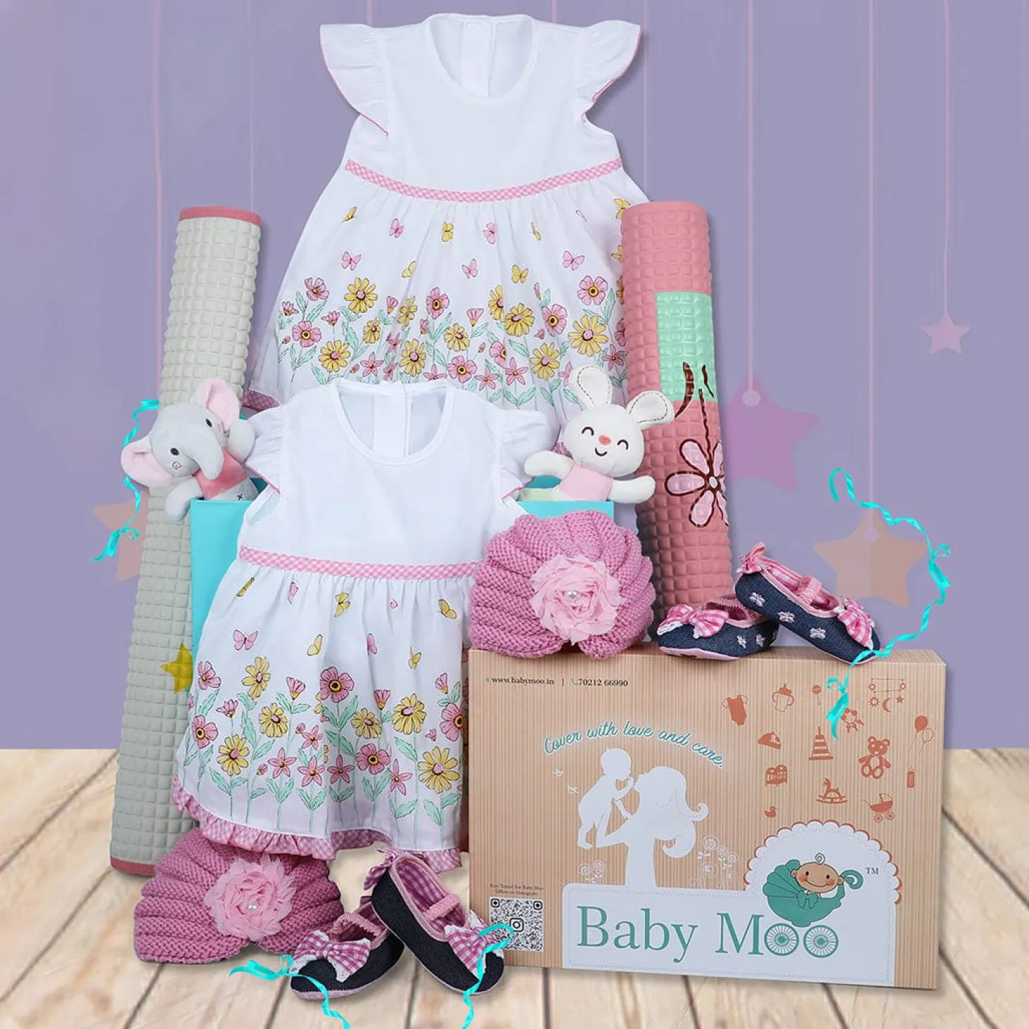 Baby Moo Twin Baby Girl Gift Hamper Pink 10 Pcs - 0-9M Sizes Available