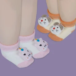 Baby Moo Unicorn And Mouse 3D Rattle Anti-Skid Socks Booties Pack of 2 - Pink, Orange