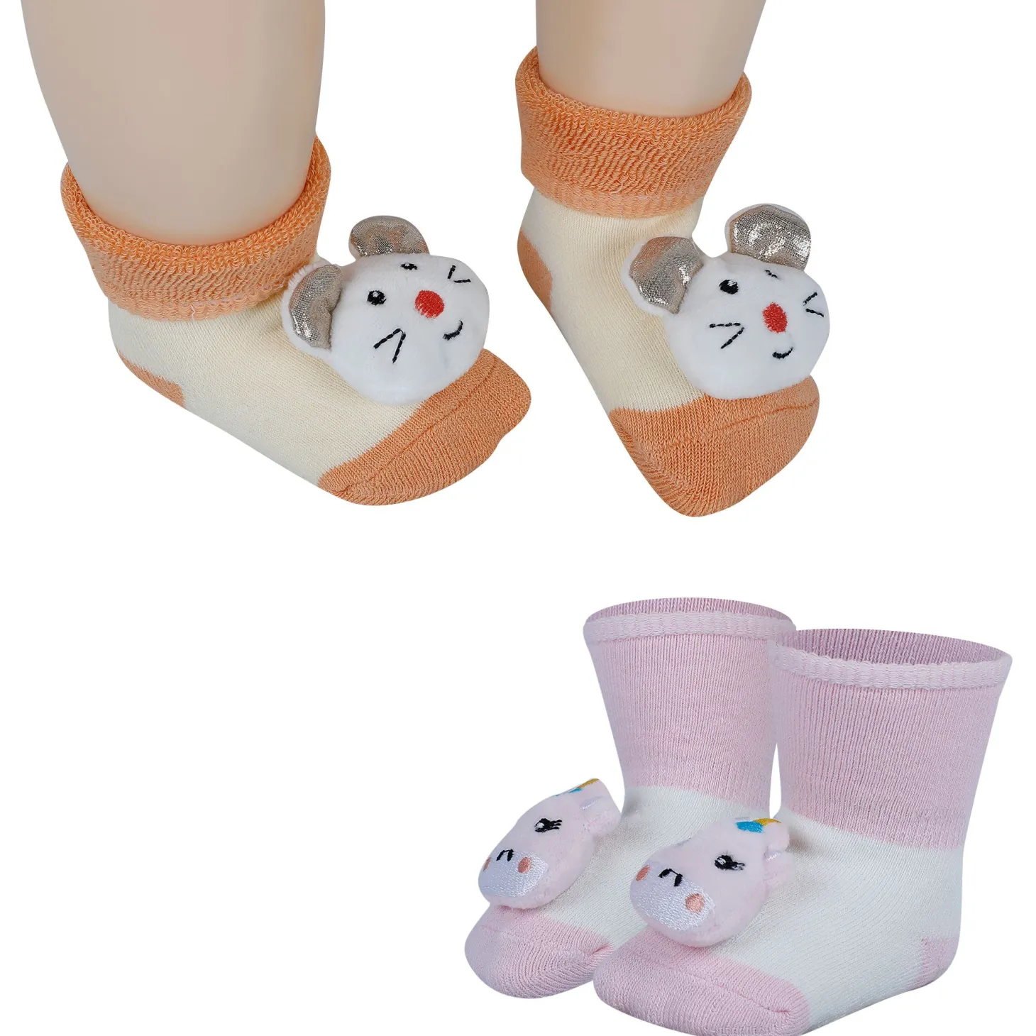 Baby Moo Unicorn And Mouse 3D Rattle Anti-Skid Socks Booties Pack of 2 - Pink, Orange