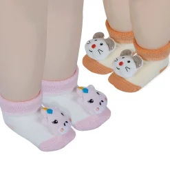 Baby Moo Unicorn And Mouse 3D Rattle Anti-Skid Socks Booties Pack of 2 - Pink, Orange