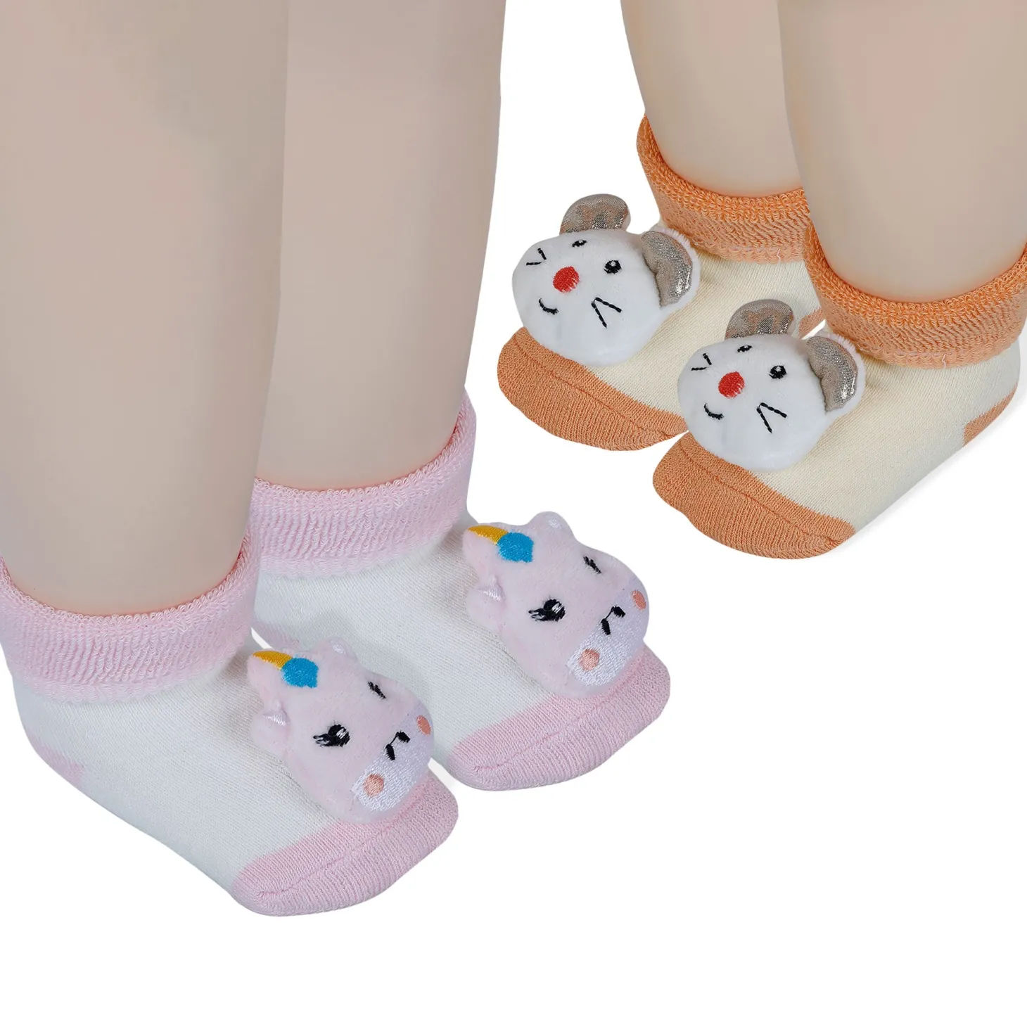 Baby Moo Unicorn And Mouse 3D Rattle Anti-Skid Socks Booties Pack of 2 - Pink, Orange
