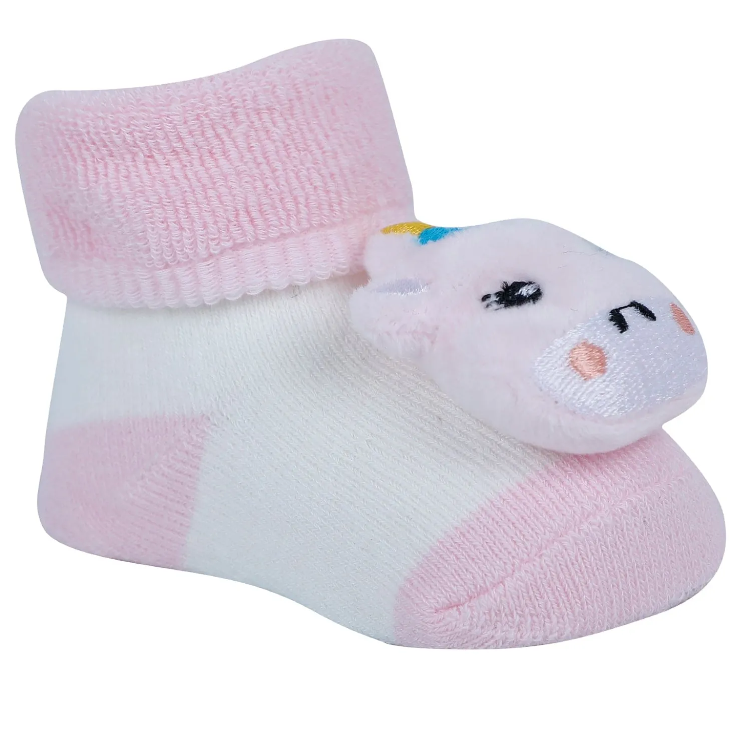 Baby Moo Unicorn And Mouse 3D Rattle Anti-Skid Socks Booties Pack of 2 - Pink, Orange