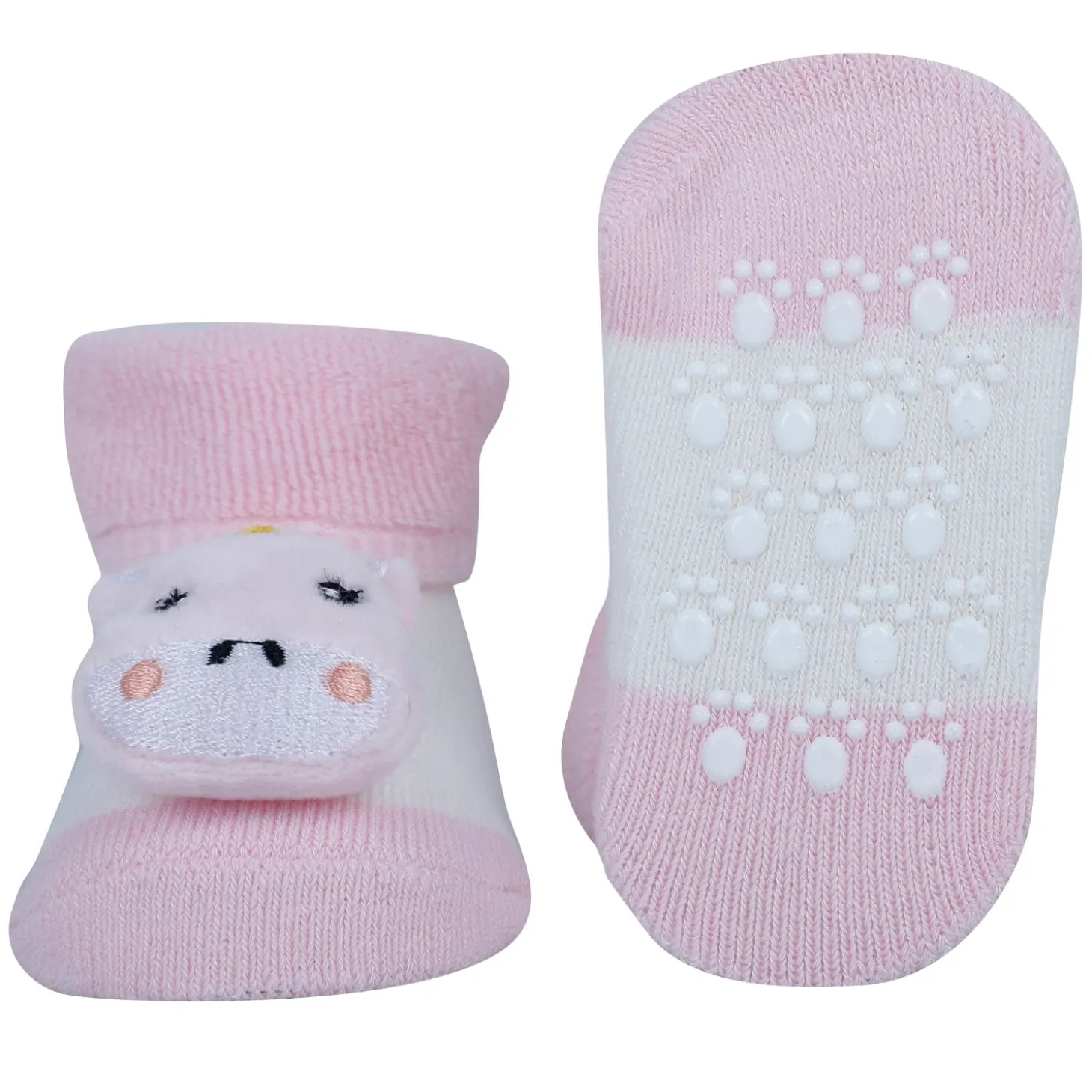 Baby Moo Unicorn And Mouse 3D Rattle Anti-Skid Socks Booties Pack of 2 - Pink, Orange
