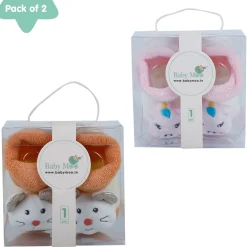 Baby Moo Unicorn And Mouse 3D Rattle Anti-Skid Socks Booties Pack of 2 - Pink, Orange