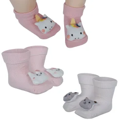 Baby Moo Unicorn 3D Rattle Anti-Skid Socks Booties Pack of 3 - Pink