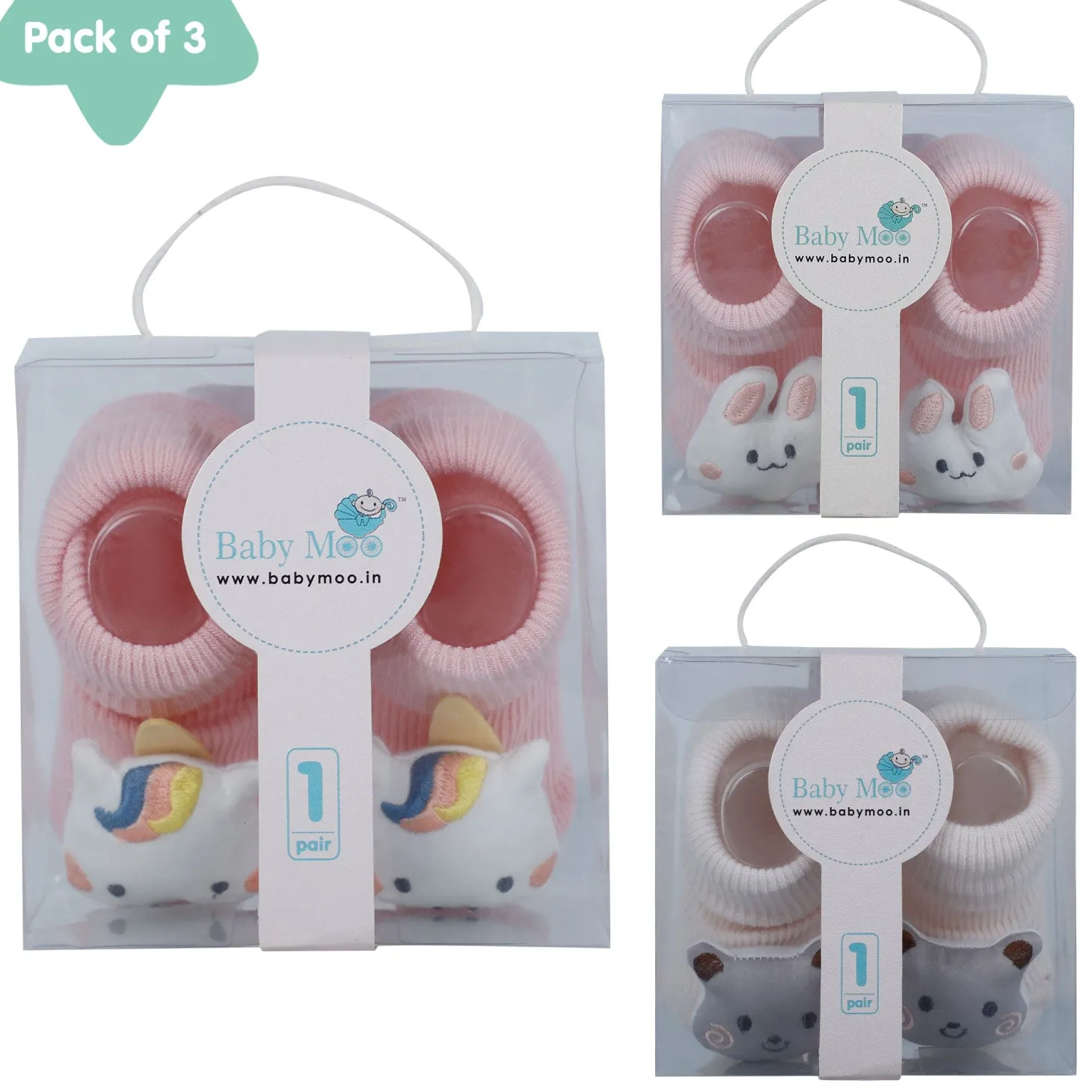 Baby Moo Unicorn 3D Rattle Anti-Skid Socks Booties Pack of 3 - Pink