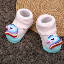 Baby Moo Unicorn Embroidered Cotton Anti-Skid 3D Socks - Pink