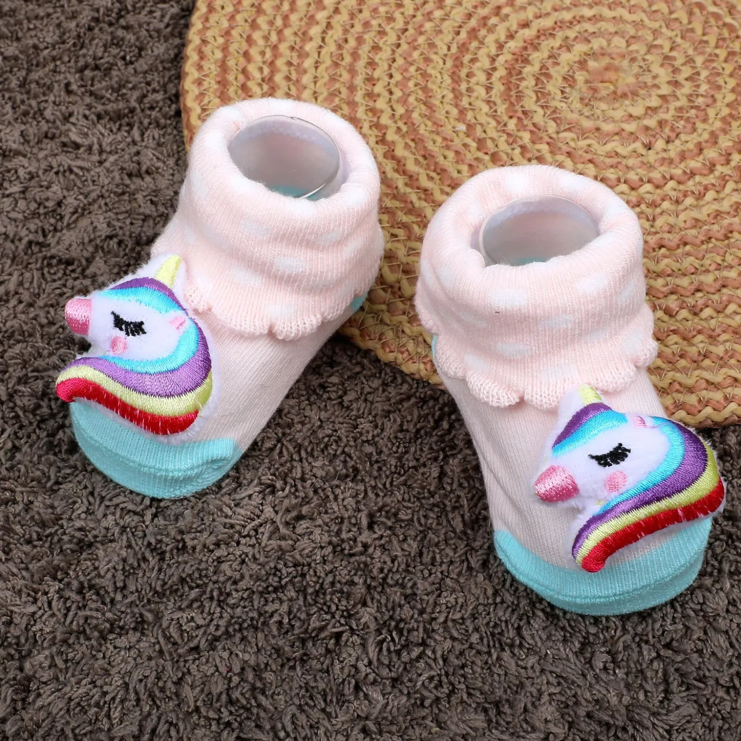 Baby Moo Unicorn Embroidered Cotton Anti-Skid 3D Socks - Pink