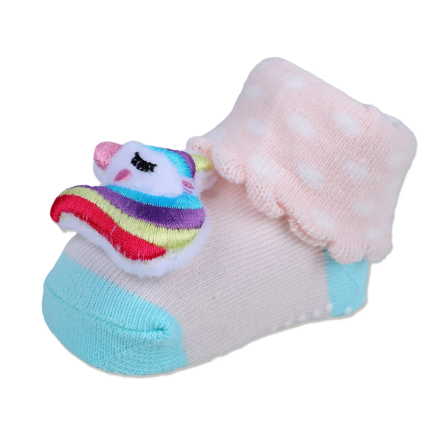 Baby Moo Unicorn Embroidered Cotton Anti-Skid 3D Socks - Pink
