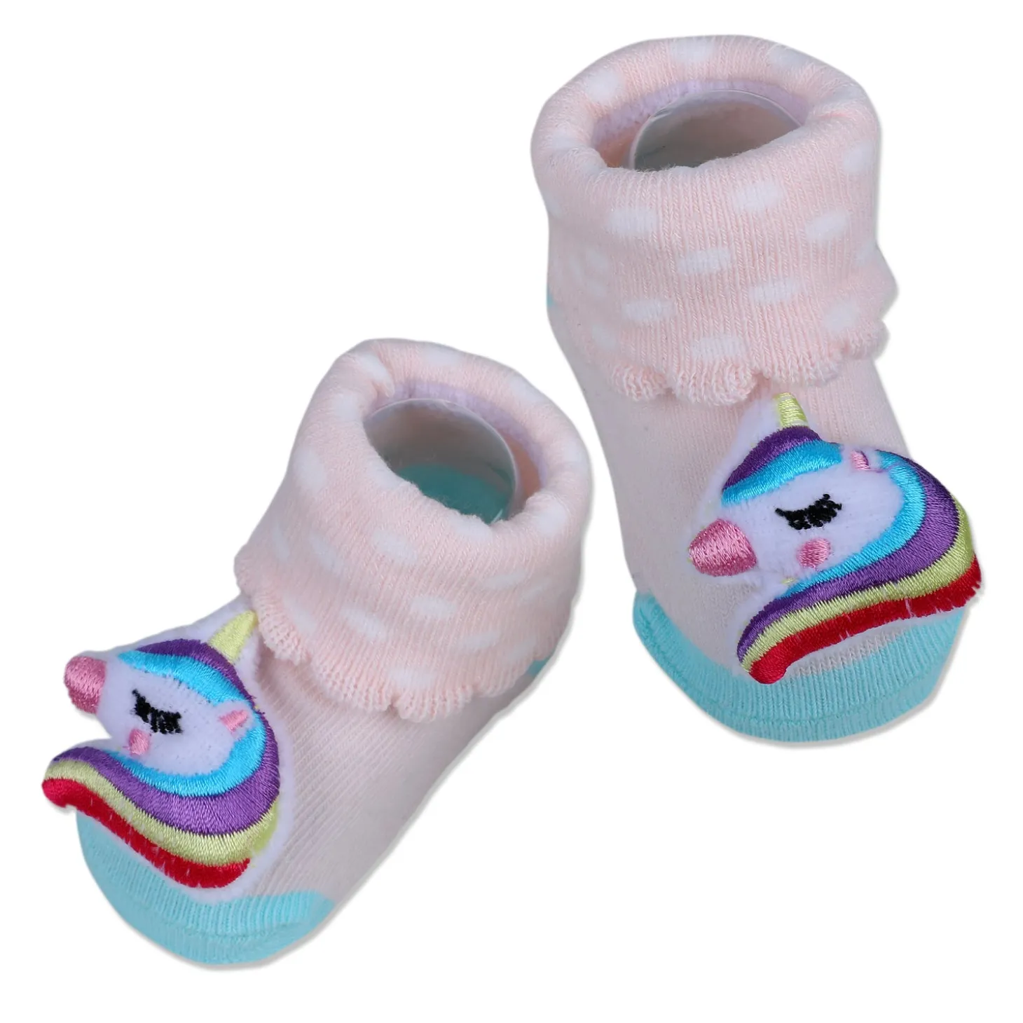 Baby Moo Unicorn Embroidered Cotton Anti-Skid 3D Socks - Pink