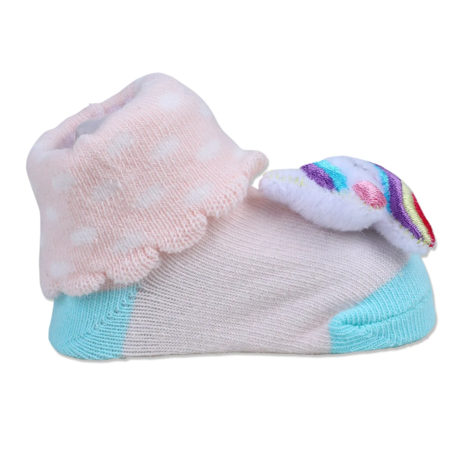 Baby Moo Unicorn Embroidered Cotton Anti-Skid 3D Socks - Pink