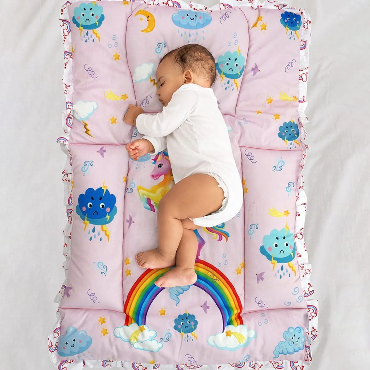 Baby Moo Unicorn Mattress With Fixed Neck Pillow And Bolsters - Pink