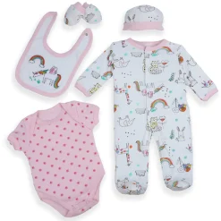 Baby Moo Unicorn Rainbow Infant Essentials 5 pcs Romper Gift Set - Pink