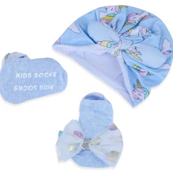 Baby Moo Unicorn Shiny Bow Matching Cap And Socks Set - Blue