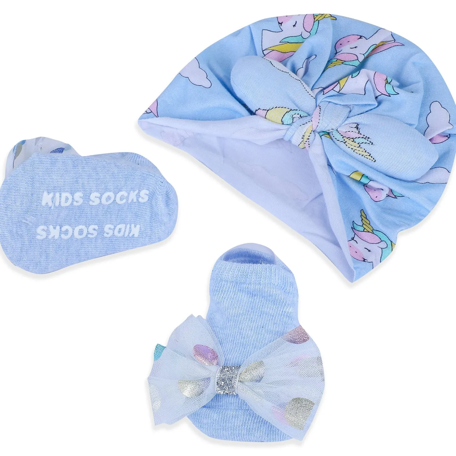 Baby Moo Unicorn Shiny Bow Matching Cap And Socks Set - Blue