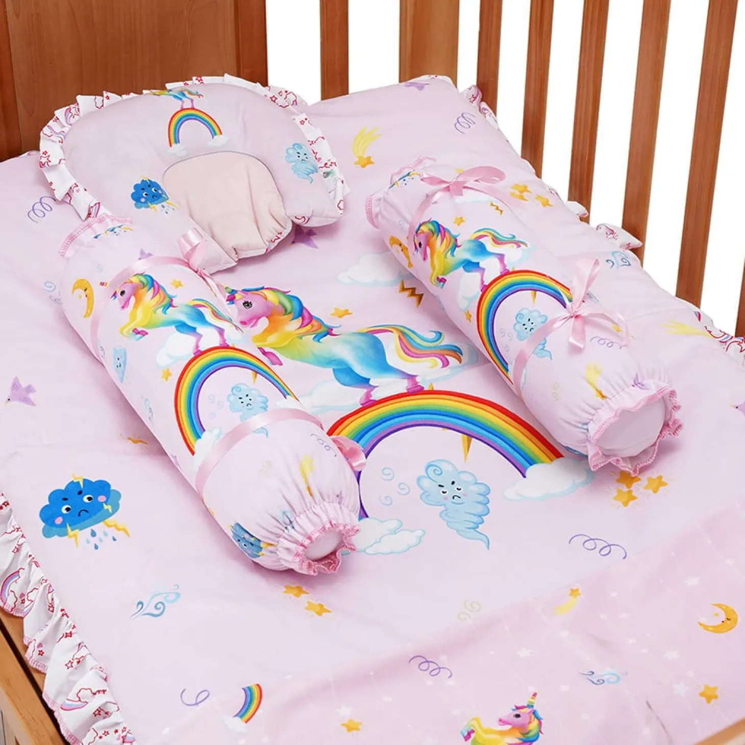 Baby Moo Unicorn Soft Velvet U Pillow, Side Bolsters 5 Pcs Mattress And Blanket Set - Pink