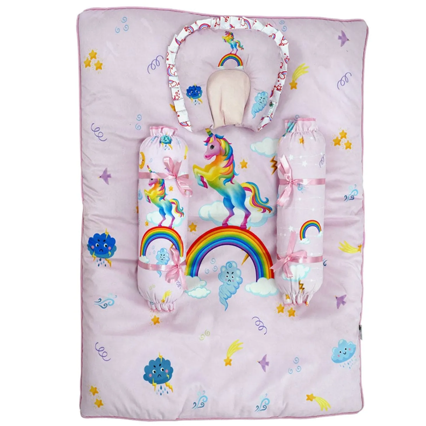 Baby Moo Unicorn Soft Velvet U Pillow, 2 Side Bolsters Mattress Set - Pink
