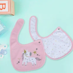 Baby Moo Unicorn Star Cotton 2 Pack Buttoned Feeding Bibs - Pink