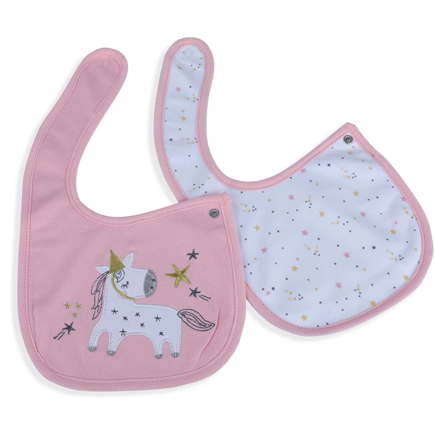 Baby Moo Unicorn Star Cotton 2 Pack Buttoned Feeding Bibs - Pink