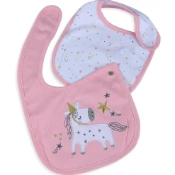 Baby Moo Unicorn Star Cotton 2 Pack Buttoned Feeding Bibs - Pink