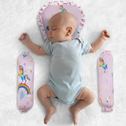 Baby Moo Unicorn Velvet Side Bolster And U Shape Matching Pillow Set - Pink
