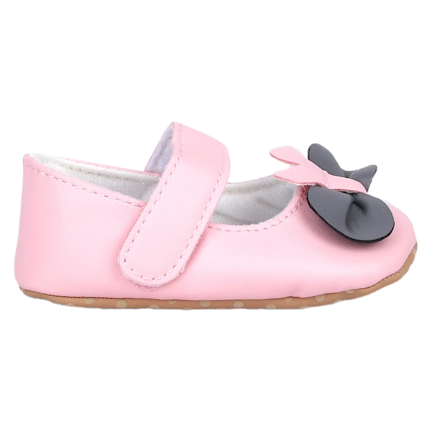 Baby Moo Vegan Leather Bow Velcro Strap Anti-Skid Ballerina Booties - Pink