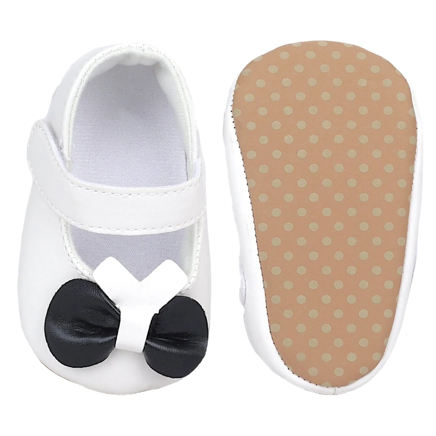 Baby Moo Vegan Leather Bow Velcro Strap Anti-Skid Ballerina Booties - White