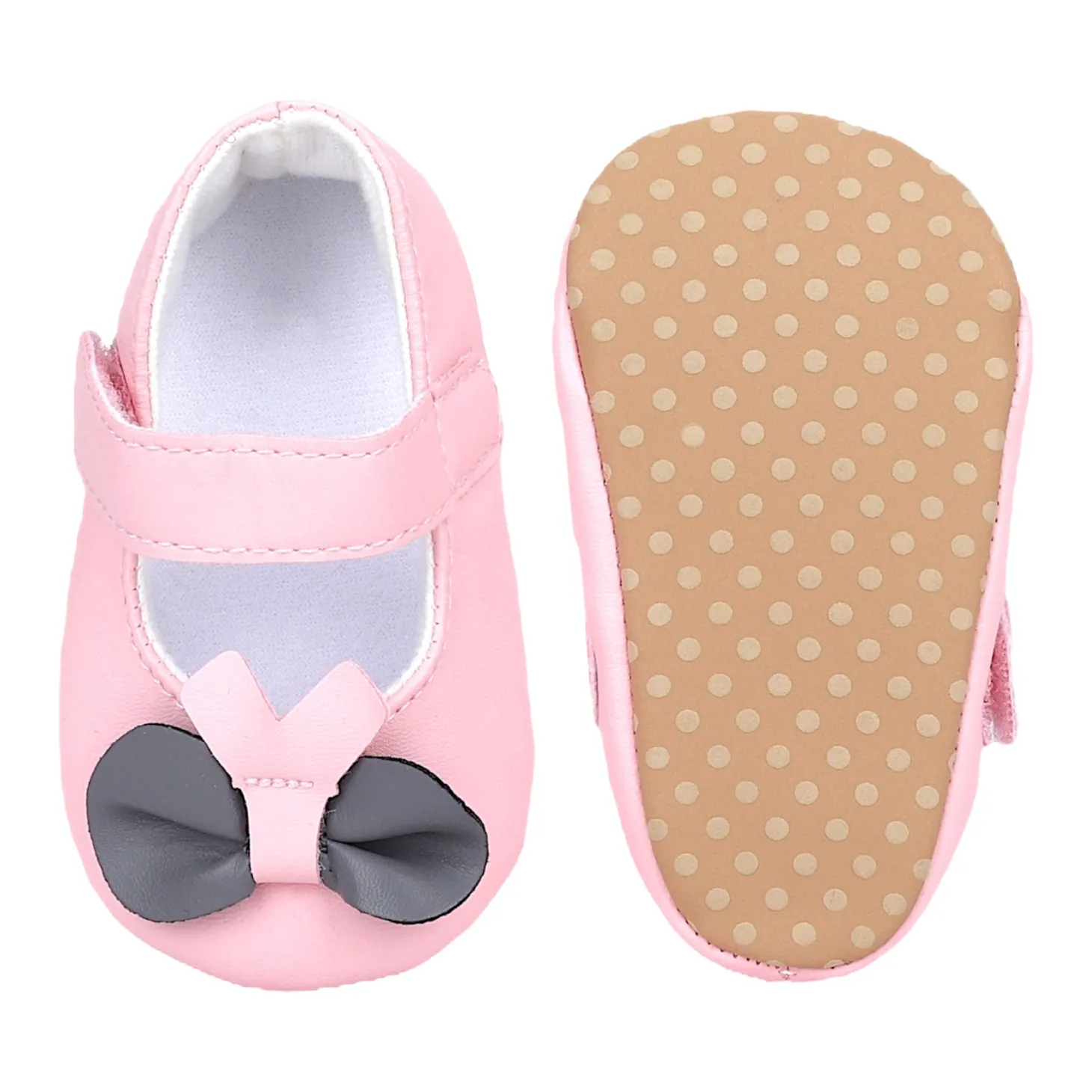 Baby Moo Vegan Leather Bow Velcro Strap Anti-Skid Ballerina Booties - Pink