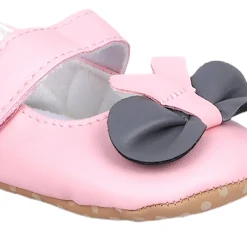 Baby Moo Vegan Leather Bow Velcro Strap Anti-Skid Ballerina Booties - Pink