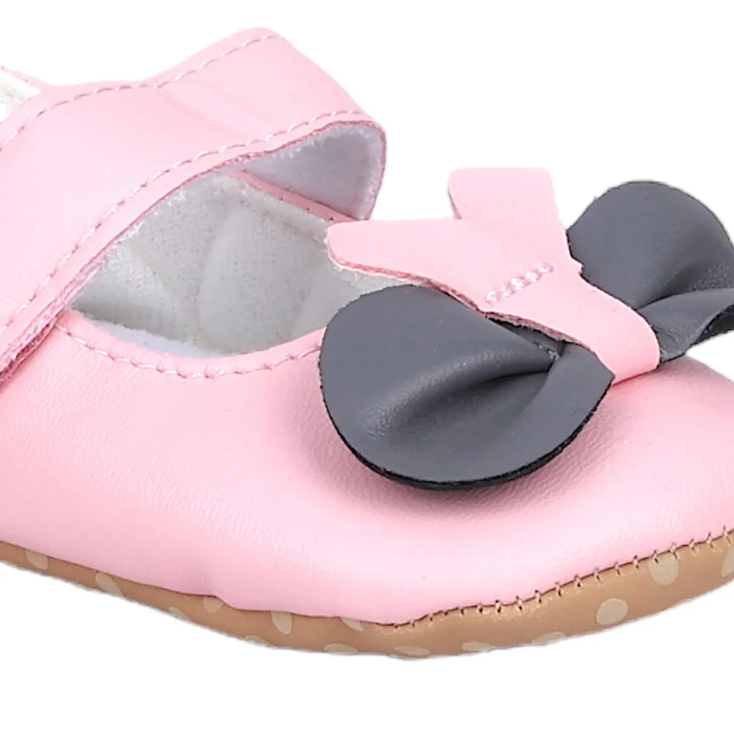 Baby Moo Vegan Leather Bow Velcro Strap Anti-Skid Ballerina Booties - Pink