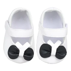 Baby Moo Vegan Leather Bow Velcro Strap Anti-Skid Ballerina Booties - White