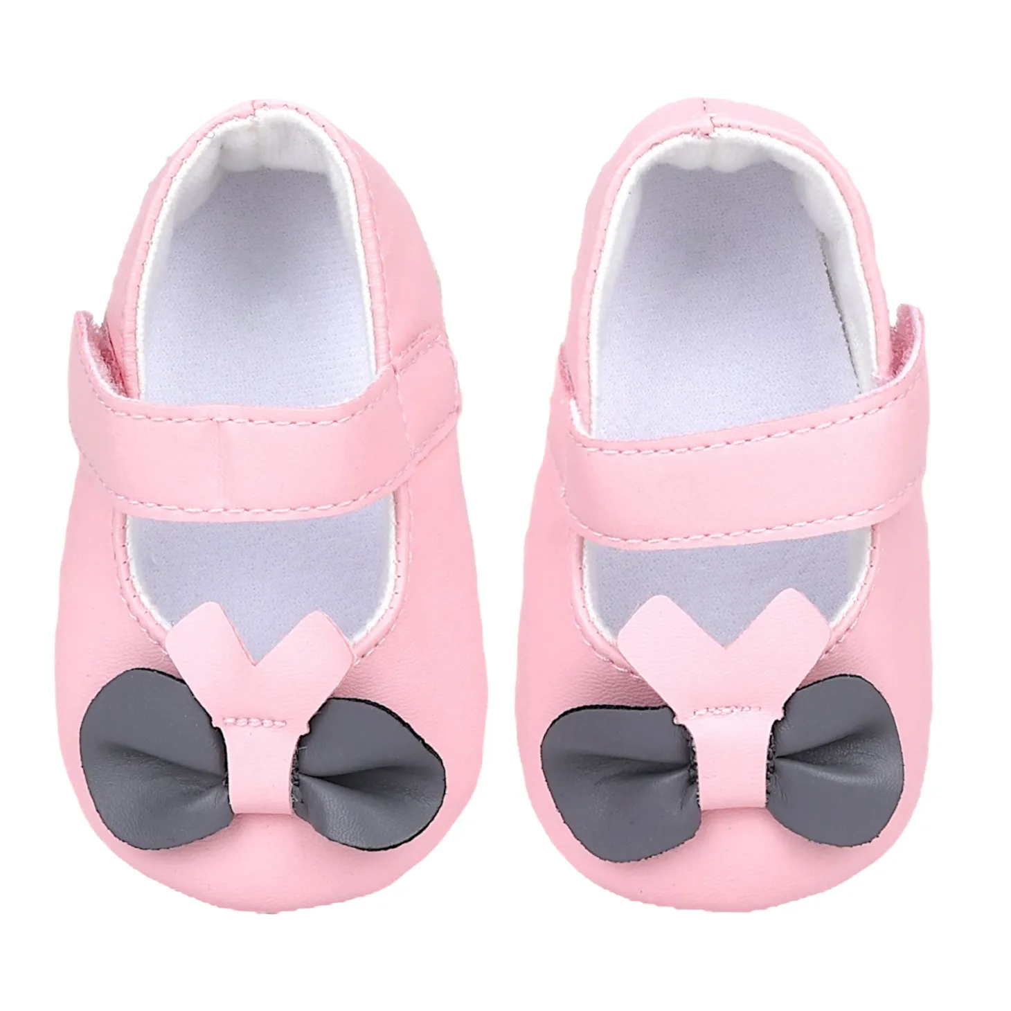 Baby Moo Vegan Leather Bow Velcro Strap Anti-Skid Ballerina Booties - Pink