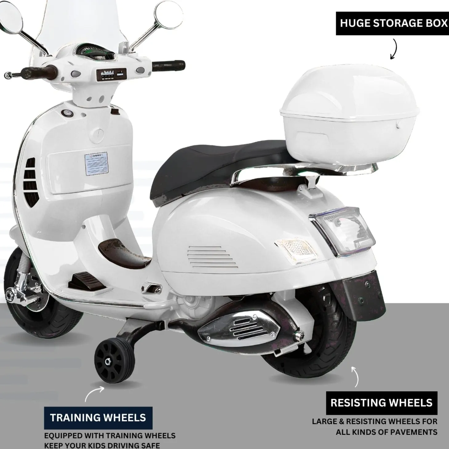 Baby Moo Vespa Rechargeable Battery Operated Bike With Music & Light With Remote - White