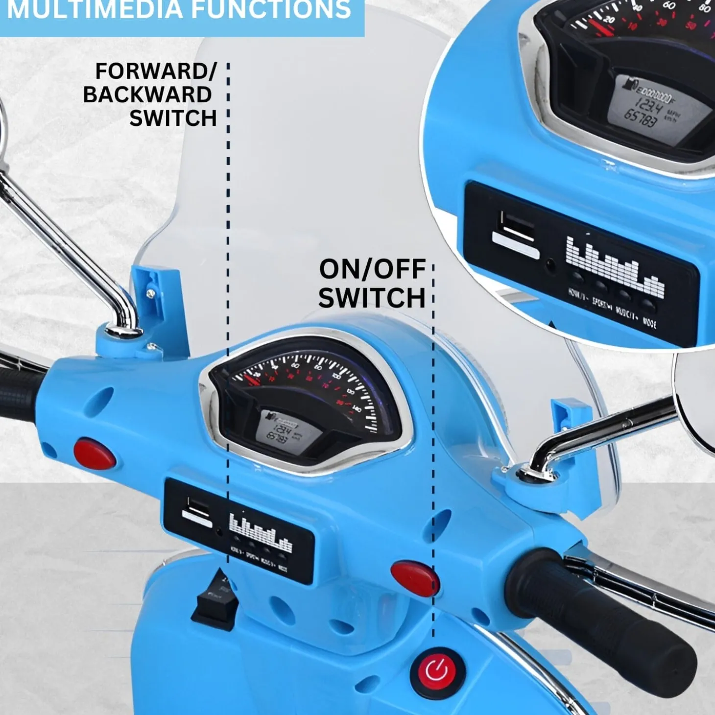 Baby Moo Vespa Rechargeable Battery Operated Bike With Music & Light With Remote - Blue