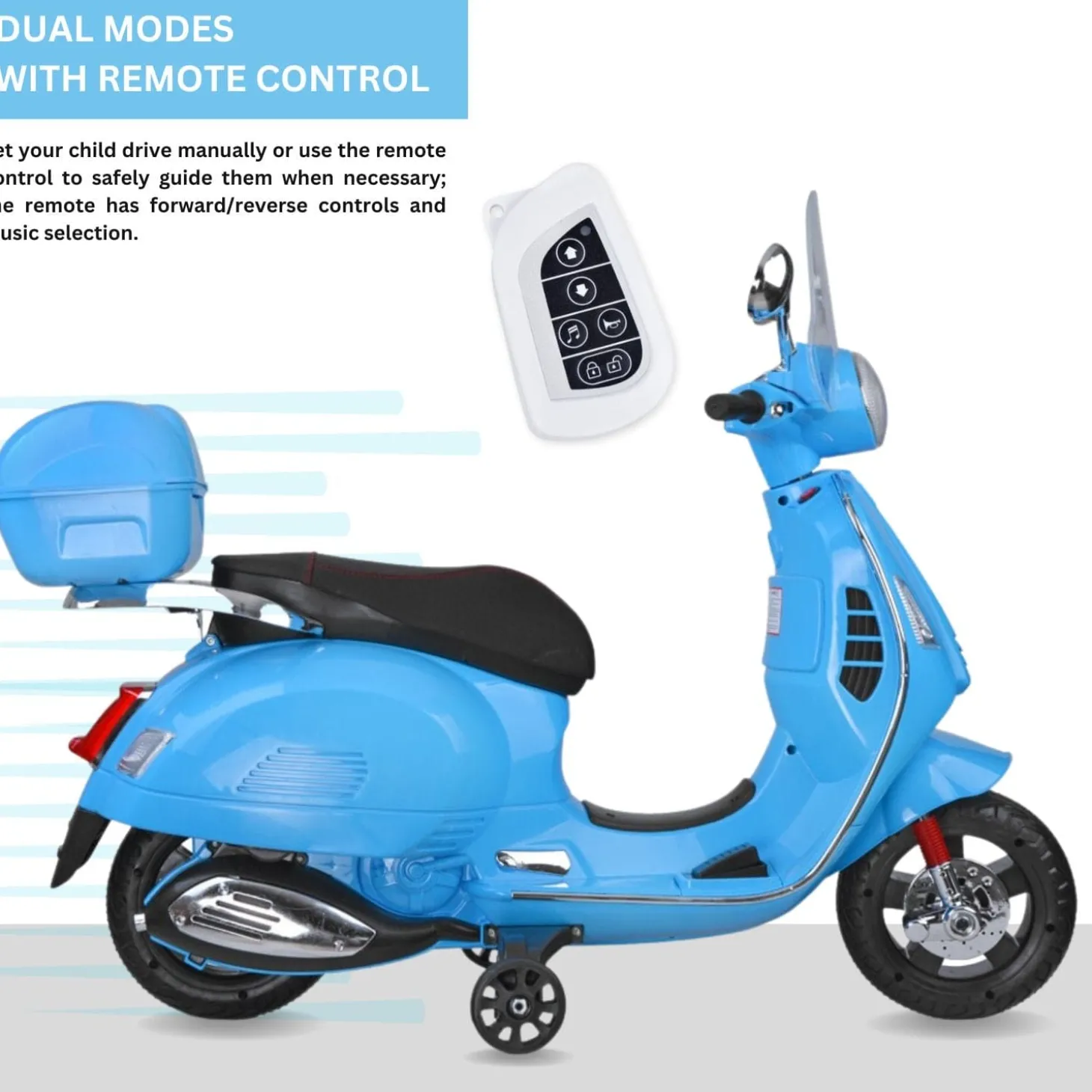 Baby Moo Vespa Rechargeable Battery Operated Bike With Music & Light With Remote - Blue