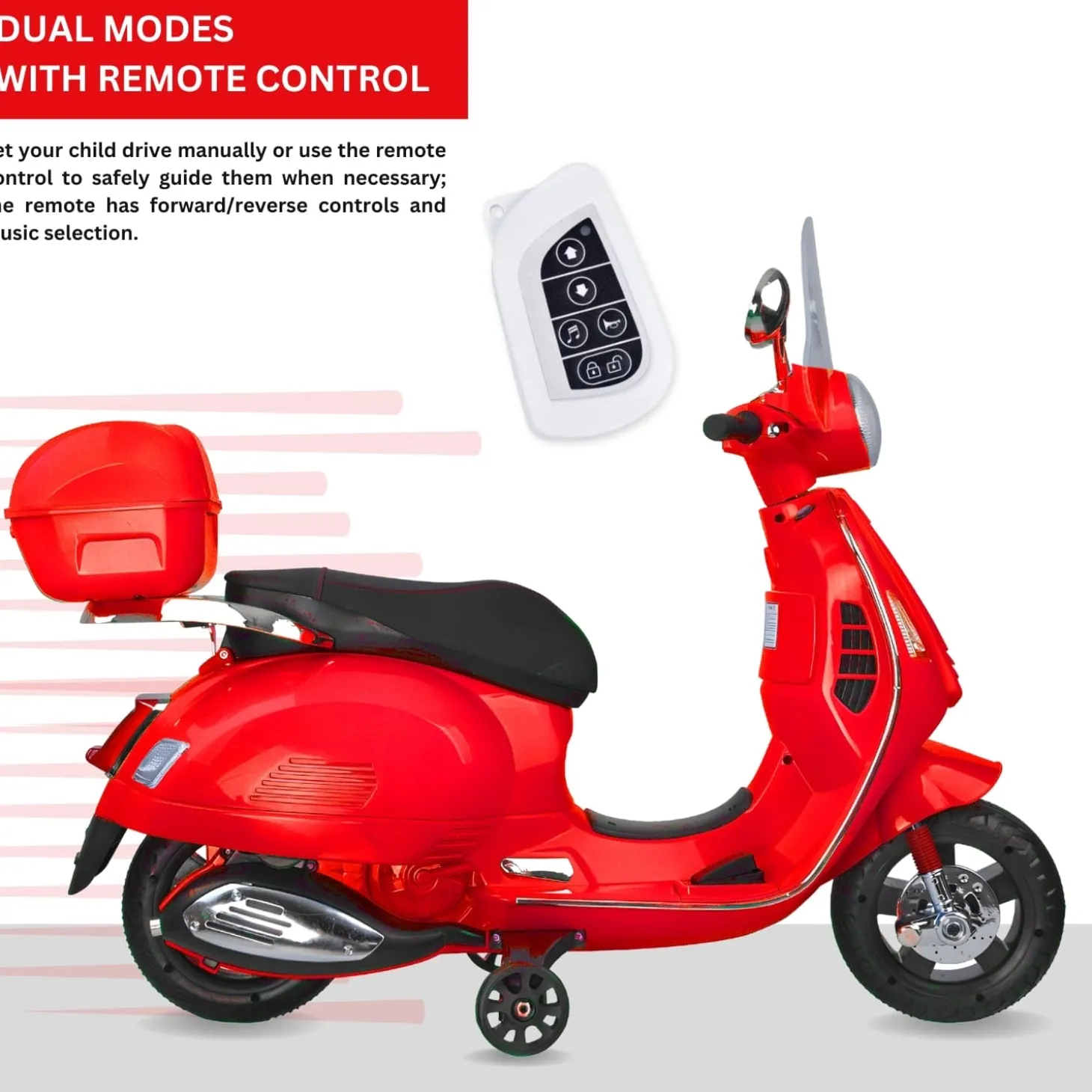 Baby Moo Vespa Rechargeable Battery Operated Bike With Music & Light Without Remote - Red