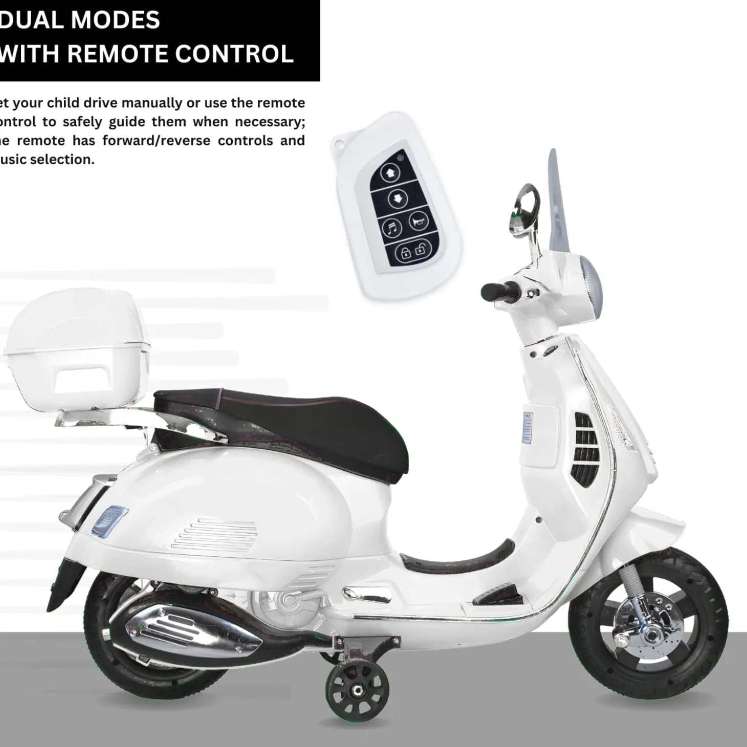Baby Moo Vespa Rechargeable Battery Operated Bike With Music & Light With Remote - White